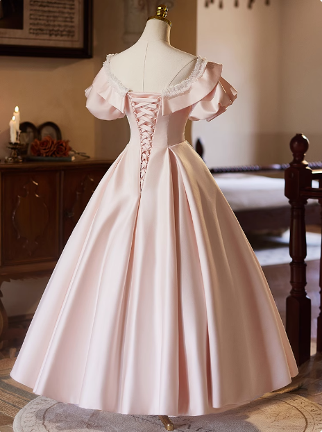 Princess Pink Satin Short Sleeve A-Line Wedding Dress P2627
