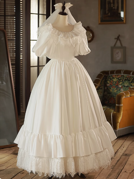 Elegant French White Satin Puff Sleeve Lace Floor Length Wedding Dress P2630