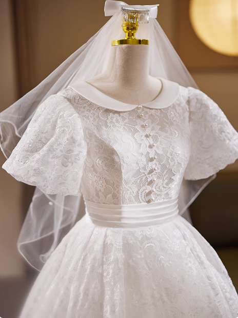 Vintage White Short Sleeve Lace Tea Length A-Line Wedding Dress P2632