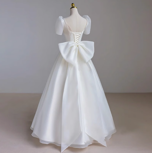 Simple White Short Sleeve Bow Tulle Floor-Length Wedding Dress P2641
