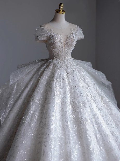 French Round Neck Beaded Glitter A-Line Floor-Length Wedding Dress P26 PreppyDress French Round Neck Beaded Glitter A-Line Floor-Length Wedding Dress P26 PreppyDress
