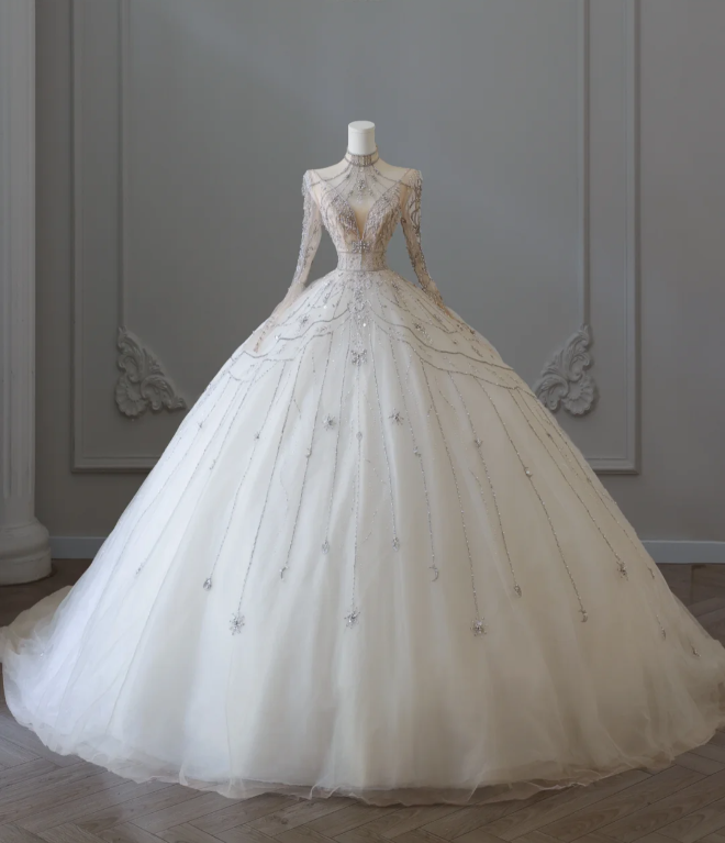Glittering Rhinestone Long Sleeve Tulle A-Line Floor-Length Wedding Dr PreppyDress Glittering Rhinestone Long Sleeve Tulle A-Line Floor-Length Wedding Dr PreppyDress