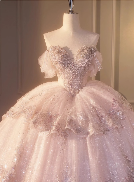 Dreamy Pink Off-the-shoulder Sparkling Beaded Layered Tulle Floor-length Wedding Dress P2669