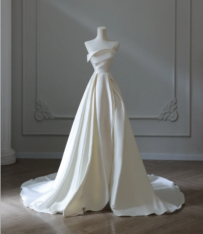 Simple and Elegant White Satin A-Line Wedding Dress P2571
