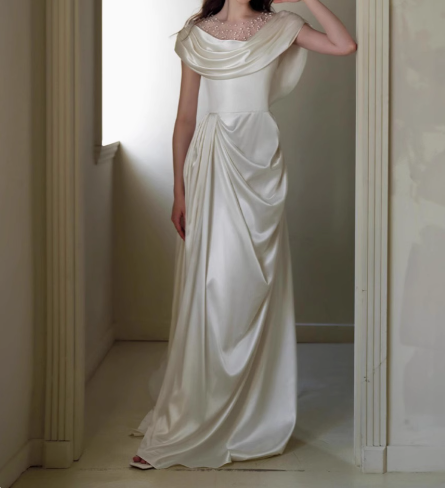 Elegant high-end satin off-the-shoulder floor-length wedding dress P2676