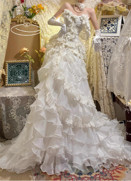 French heavy-duty dreamy princess off-shoulder A-line tiered wedding dress P2684