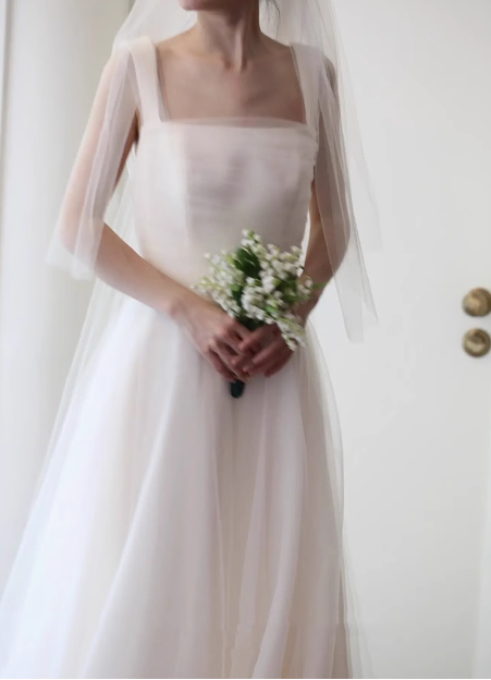 Simple strap white A-line sheer backless wedding dress P2690
