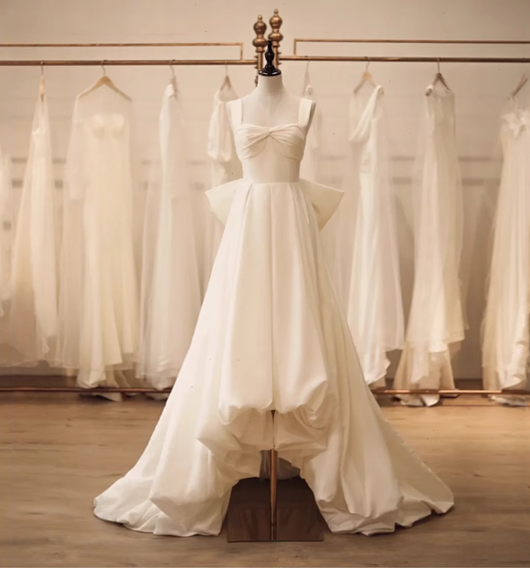 White princess strap satin backless bow high low wedding dress P2693 White princess strap satin backless bow high low wedding dress P2693