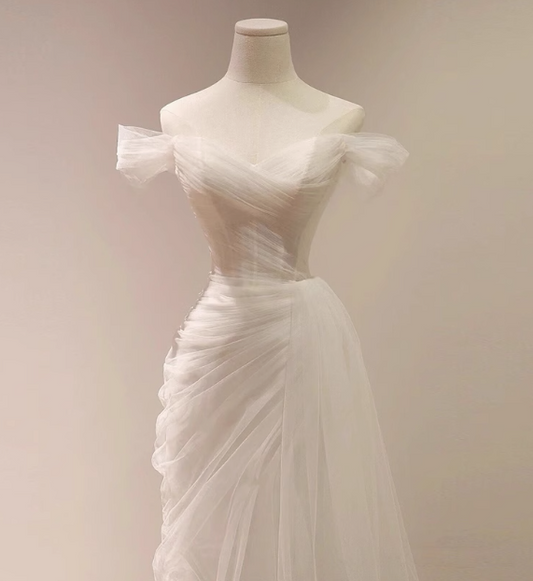 Elegant minimalist off-shoulder sheer white mermaid wedding dress P2695
