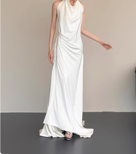 Simple halterneck white off-shoulder silk backless wedding dress P2703 PreppyDress Simple halterneck white off-shoulder silk backless wedding dress P2703 PreppyDress