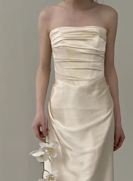 Simple champagne off-shoulder satin fishtail wedding dress with train P2704