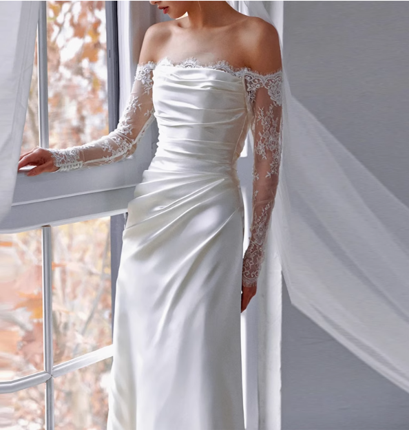 White Elegant One Shoulder Lace Silk Satin Wedding Dress P2708 PreppyDress White Elegant One Shoulder Lace Silk Satin Wedding Dress P2708 PreppyDress