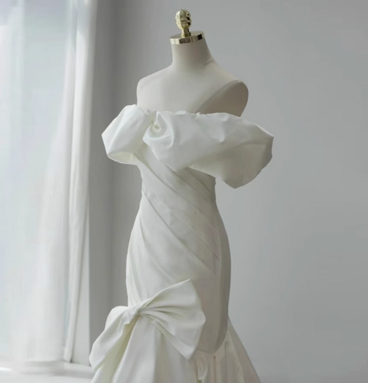 French simple white off-shoulder mermaid satin small train wedding dress P2717