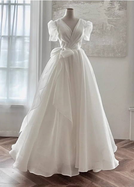 Flowing Floor-Length White V-Neck Short Sleeve Tulle A-Line Wedding Dr PreppyDress Flowing Floor-Length White V-Neck Short Sleeve Tulle A-Line Wedding Dr PreppyDress