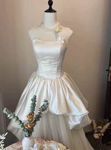 French Strapless Satin Tulle A-Line Wedding Dress with Tie-Back P2732