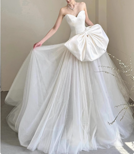 butterfly wedding dress Princess Heart Shaped Neck Tulle Satin Spliced A-line Butterfly Weddin – PreppyDress