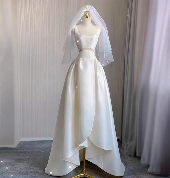 Simple shoulder strap white satin waist hollow high and low A-line wed PreppyDress Simple shoulder strap white satin waist hollow high and low A-line wed PreppyDress