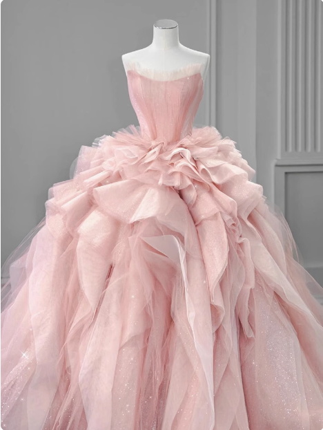 Gentle pink off-the-shoulder A-line tulle layered floor-length wedding PreppyDress Gentle pink off-the-shoulder A-line tulle layered floor-length wedding PreppyDress