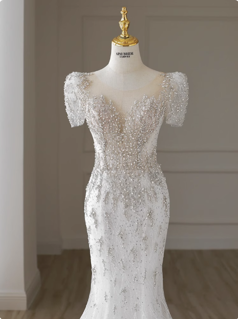 White fishtail French short sleeve wedding dress with back straps and small train P2759