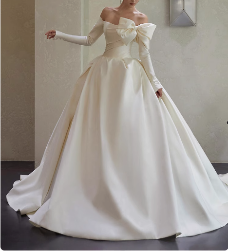 Elegant White One Shoulder Bow Long Sleeve Satin A-Line Wedding Dress P2760