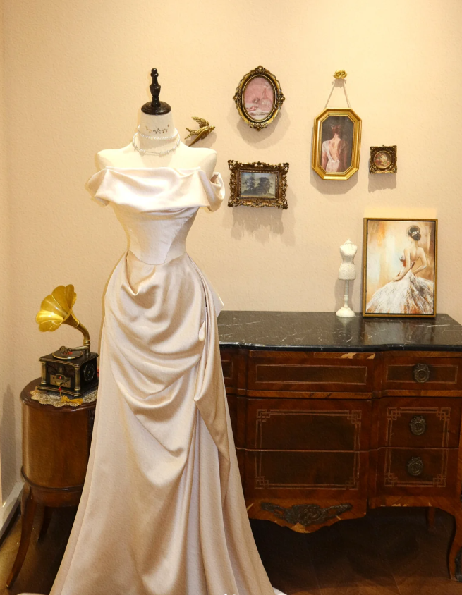 Simple satin champagne one-shoulder elegant fishtail wedding dress wit PreppyDress Simple satin champagne one-shoulder elegant fishtail wedding dress wit PreppyDress