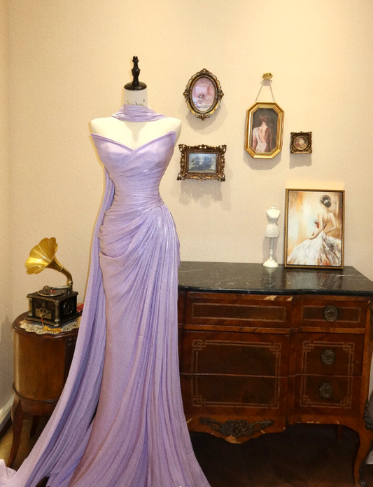 Charming Purple Strapless Off-shoulder Fishtail Wedding Dress with Small Train P2774