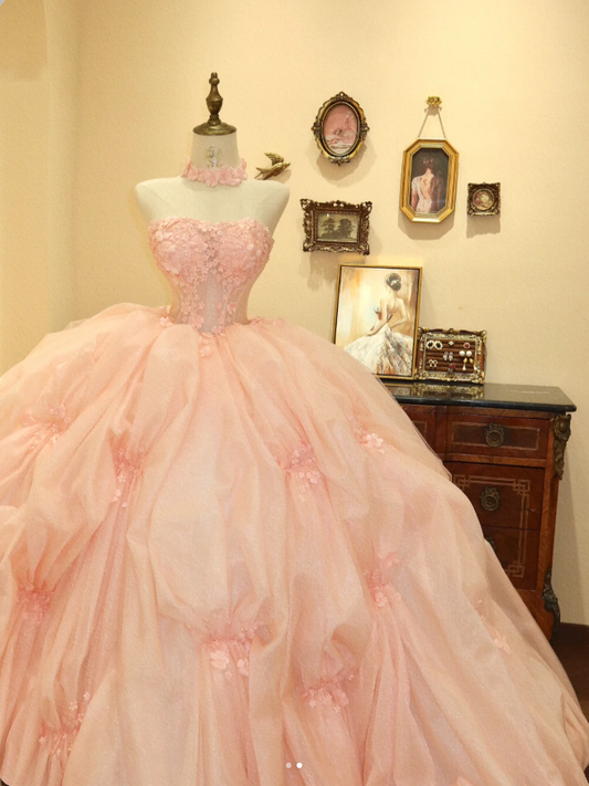 Sweet pink princess tube top fluffy A-line wedding dress P2781