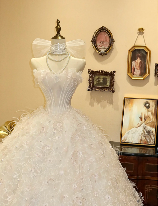 Sweet Princess Tube Top White Flower A-Line Floor-Length Wedding Dress P2790