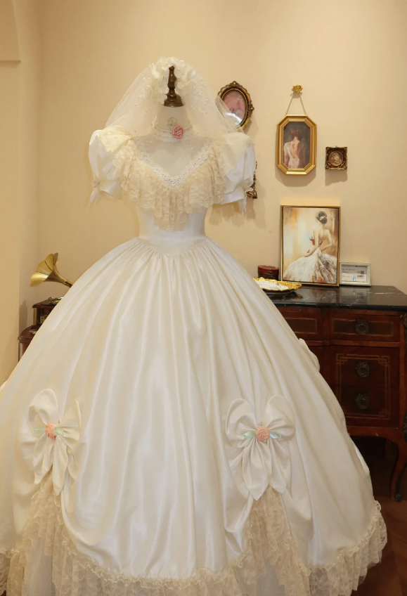 Princess White Retro V-neck Short Sleeve Satin Sweet Wedding Dress P27 PreppyDress Princess White Retro V-neck Short Sleeve Satin Sweet Wedding Dress P27 PreppyDress