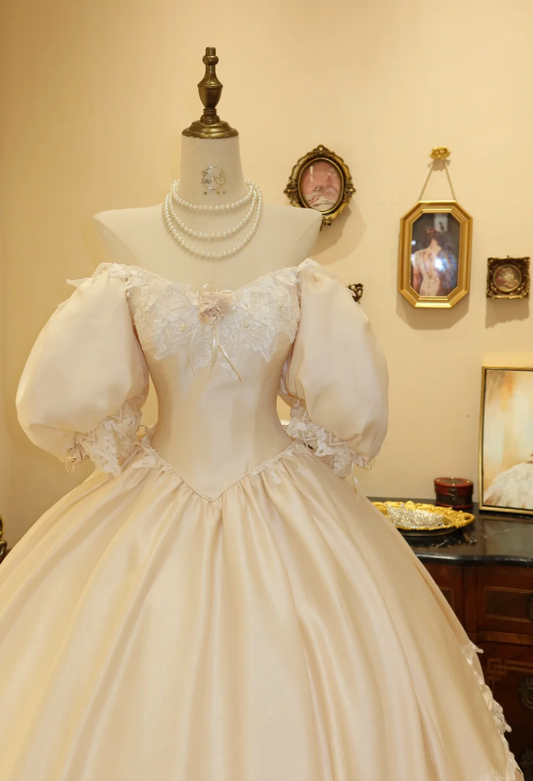 Vintage Champagne Off-the-shoulder Puff Sleeve Satin Lace Princess Wedding Dress P2799