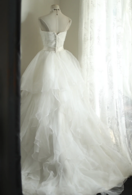 Simple Sweetheart Neckline Ruffled Tulle A-Line Wedding Dress P2811