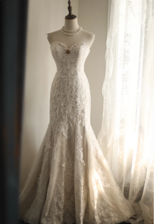 Vintage Lace Mesh Splicing Heart-Shaped Neck Mermaid Princess Wedding Dress P2814