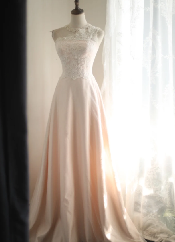 Light pink polka dot lace satin stitching A-line princess wedding dres PreppyDress Light pink polka dot lace satin stitching A-line princess wedding dres PreppyDress