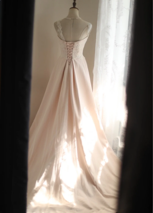 Light pink polka dot lace satin stitching A-line princess wedding dress P2815