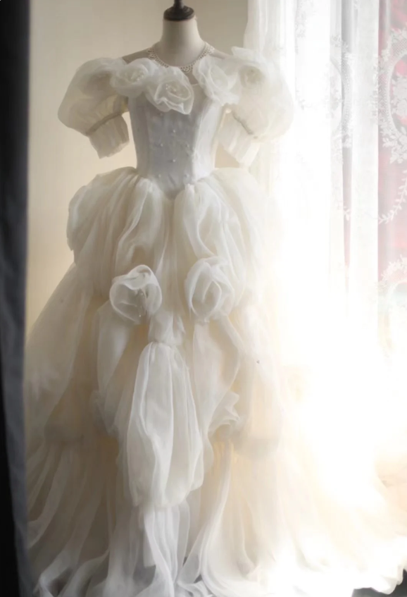 Princess Puff Sleeves Pleated Handmade Flower Tulle A-Line Wedding Dre PreppyDress Princess Puff Sleeves Pleated Handmade Flower Tulle A-Line Wedding Dre PreppyDress
