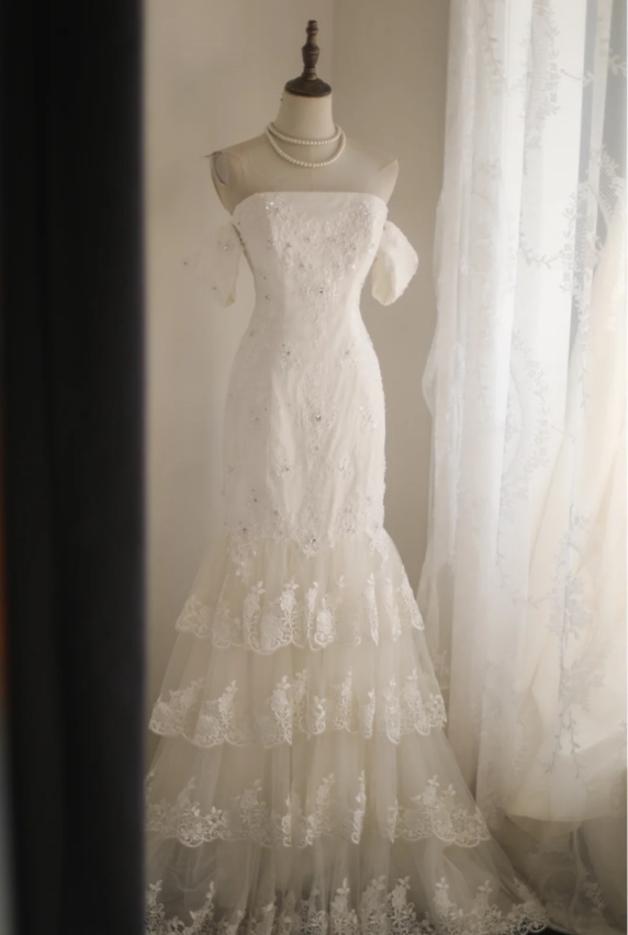 chinese dress ladies Sheer Long Sleeves Polka Dot A-Line Wedding Dress EU46