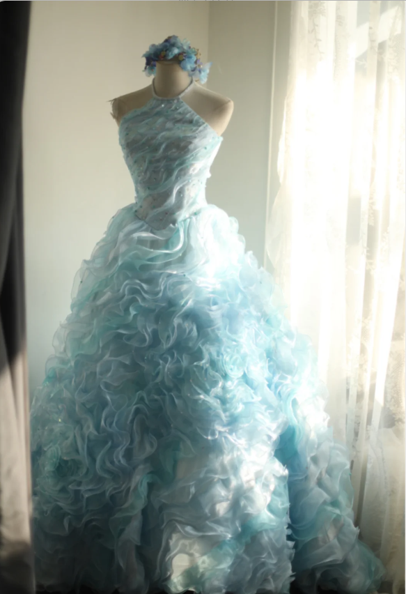 Vintage Heavy Blue Rose Beaded Layered Wood Ear Edge Puffy Princess We Vintage Heavy Blue Rose Beaded Layered Wood Ear Edge Puffy Princess We