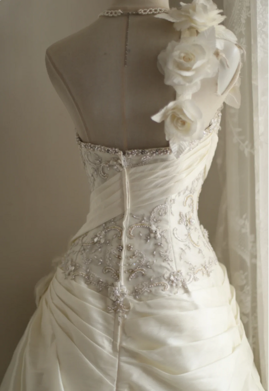Irregular Retro Palace Tube Top Handmade Flower Beaded A-Line Floor-Length Wedding Dress P2839