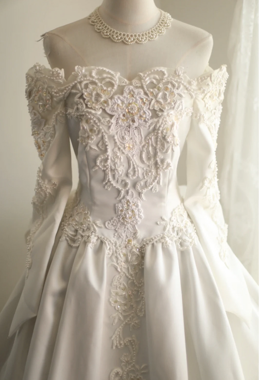 Retro Princess One Shoulder Long Sleeve Beaded Satin Back Butterfly Wedding Dress P2842