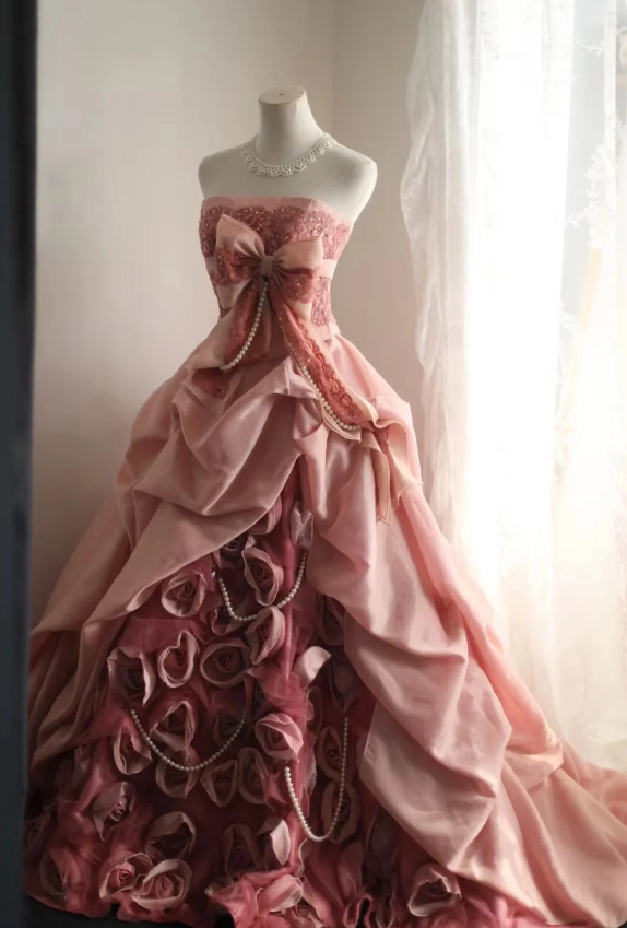 Pink Rose Irregular Pleated Handmade Flower Puffy Princess Wedding Dre PreppyDress Pink Rose Irregular Pleated Handmade Flower Puffy Princess Wedding Dre PreppyDress