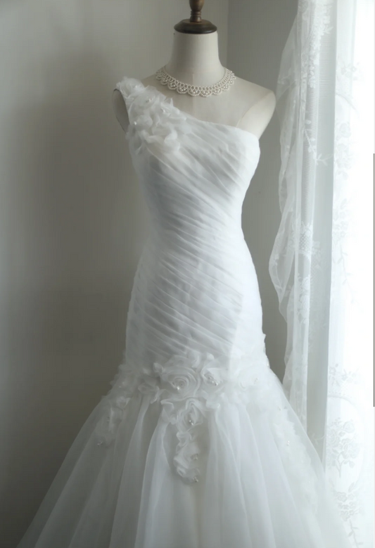 Elegant white flower retro palace slim fishtail tulle wedding dress P2854