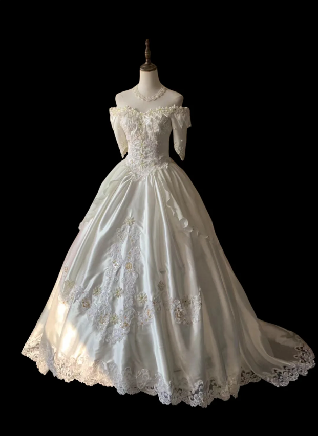 Soft cream hand-beaded one-shoulder vintage wedding dress P2863 PreppyDress Soft cream hand-beaded one-shoulder vintage wedding dress P2863 PreppyDress