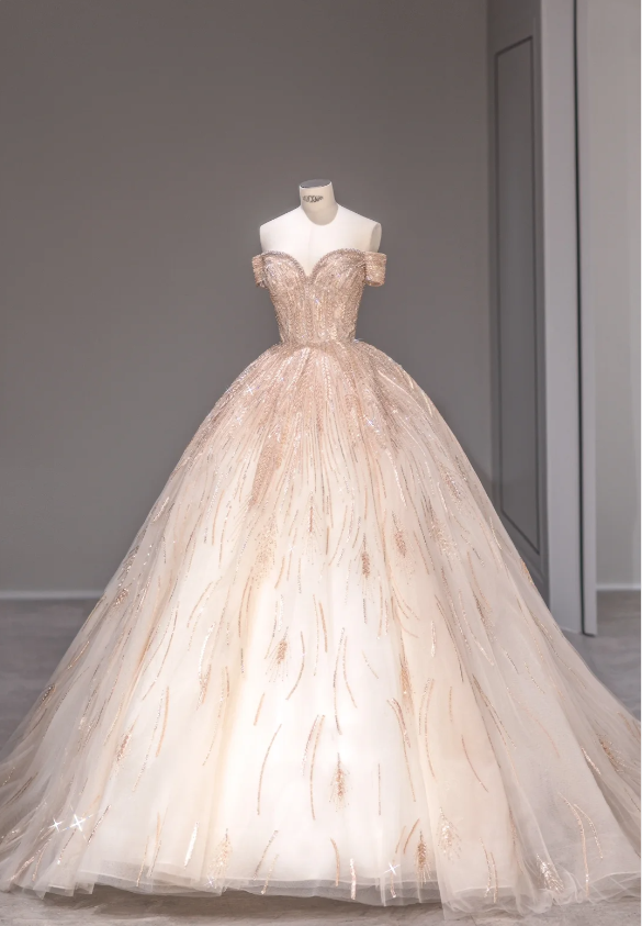 Princess Pink Off-shoulder Shiny Tulle A-line Wedding Dress with Train P2869
