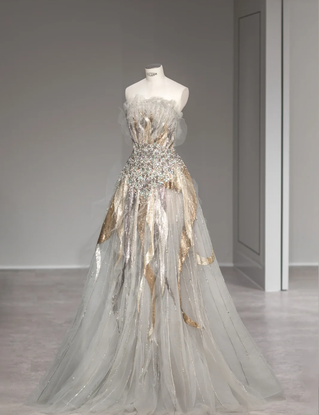 Star Grey Mysterious Elegant Beaded Gold and Silver Sequined Tulle Gor Star Grey Mysterious Elegant Beaded Gold and Silver Sequined Tulle Gor