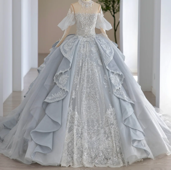 French Blue Sequin Beaded Off-the-shoulder Princess Tulle A-line Floor PreppyDress French Blue Sequin Beaded Off-the-shoulder Princess Tulle A-line Floor PreppyDress