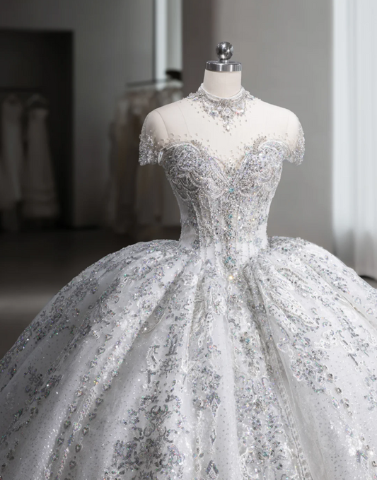 Starry Sky Sequin Lace Luxurious Fluffy Floor-Length Wedding Dress P2893