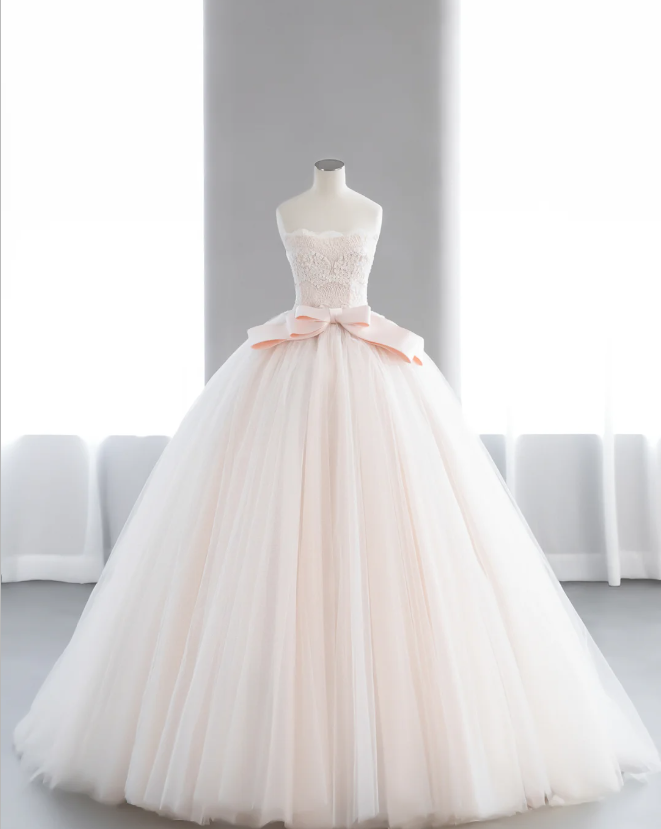 Cute Barbie light pink lace tulle waist bow A-line wedding dress P2896 Cute Barbie light pink lace tulle waist bow A-line wedding dress P2896