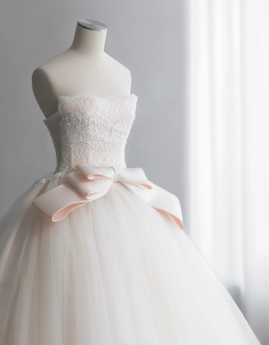 Cute Barbie light pink lace tulle waist bow A-line wedding dress P2896