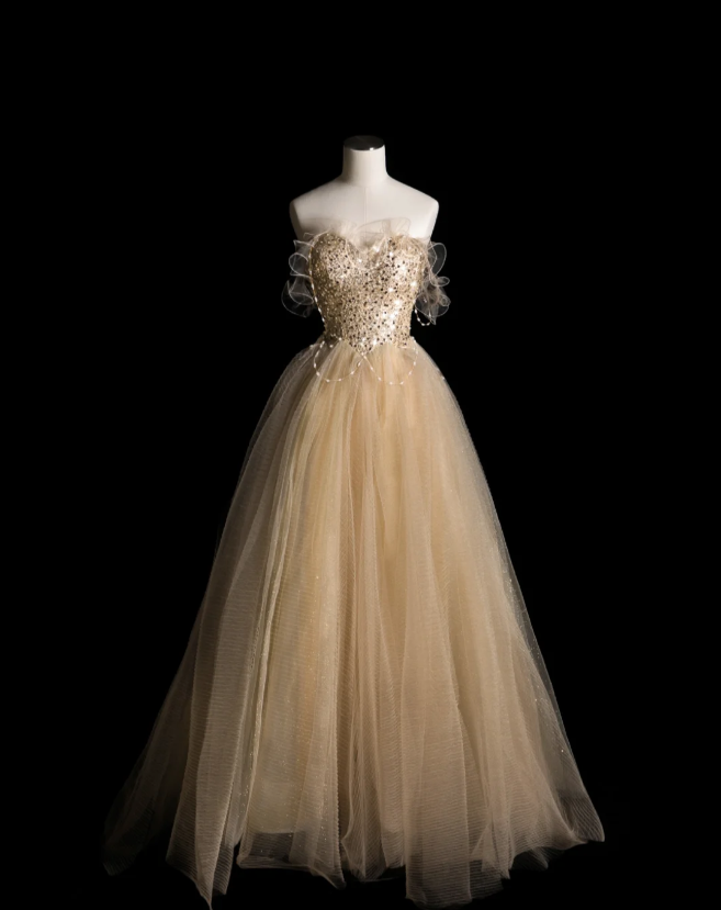 Gold Glitter Strapless Sequined A-Line Tulle Floor-Length Wedding Dres PreppyDress Gold Glitter Strapless Sequined A-Line Tulle Floor-Length Wedding Dres PreppyDress