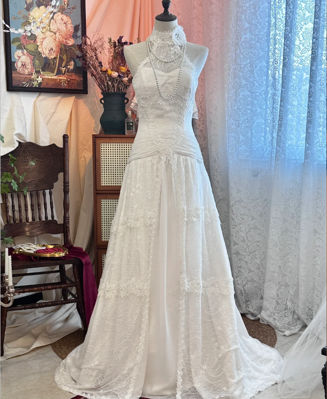 Vintage lace high collar off-shoulder waist white wedding dress P2908 PreppyDress Vintage lace high collar off-shoulder waist white wedding dress P2908 PreppyDress
